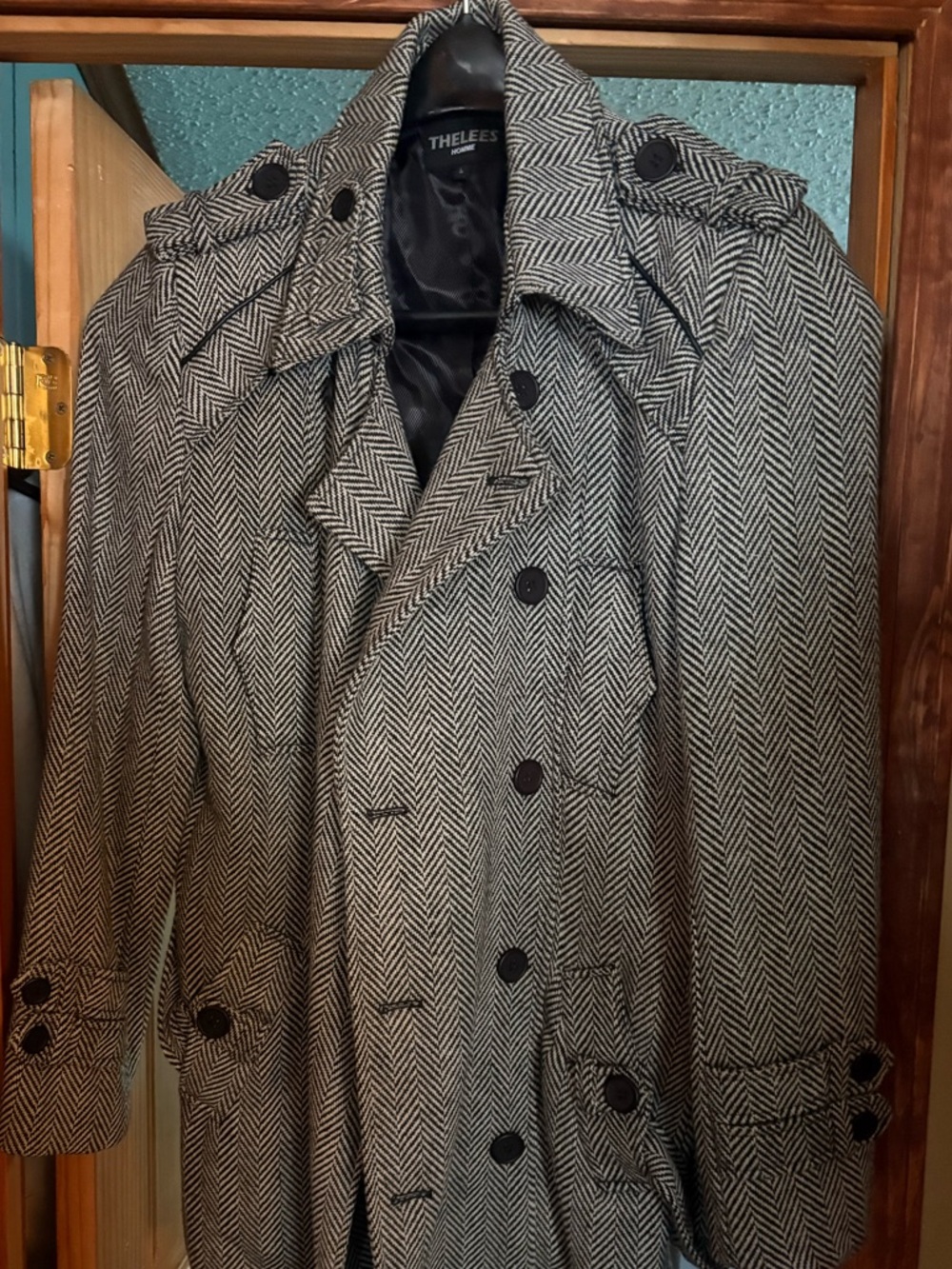 Thelees Men's Herringbone Black & White Double-Breasted Trench Coat